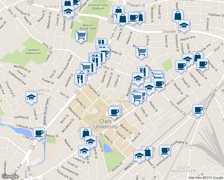 map of restaurants, bars, coffee shops, grocery stores, and more near 21 Florence Street in Worcester