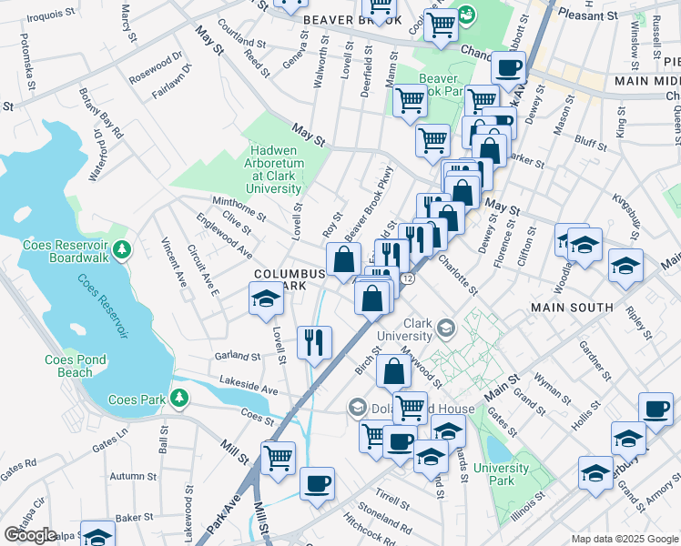 map of restaurants, bars, coffee shops, grocery stores, and more near 25 Friedel Street in Worcester