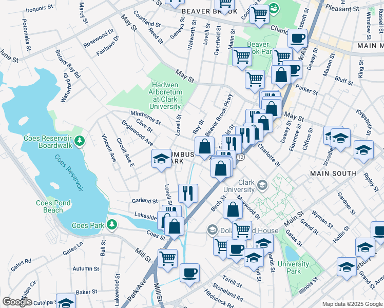 map of restaurants, bars, coffee shops, grocery stores, and more near 10 Friedel Street in Worcester