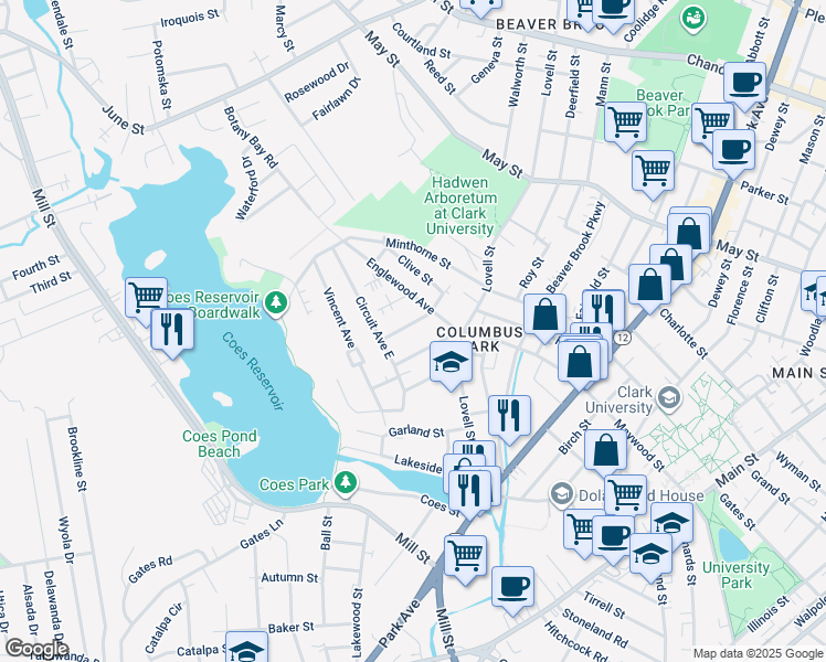 map of restaurants, bars, coffee shops, grocery stores, and more near 5 Lisbon Street in Worcester
