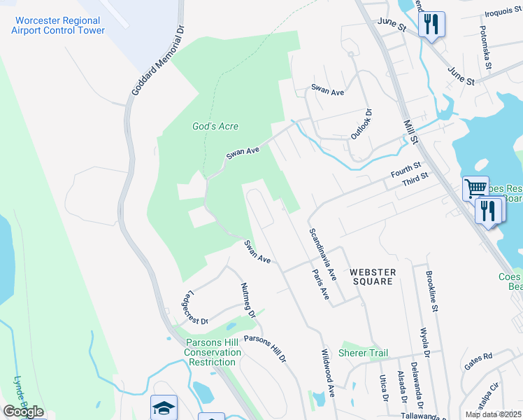 map of restaurants, bars, coffee shops, grocery stores, and more near 353 Wildwood Avenue in Worcester
