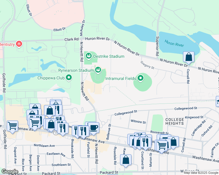 map of restaurants, bars, coffee shops, grocery stores, and more near 1094-1198 Westview Street in Ypsilanti