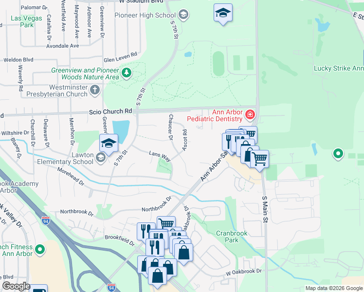 map of restaurants, bars, coffee shops, grocery stores, and more near 2112 Ascot Road in Ann Arbor