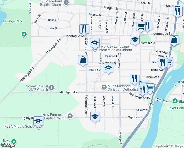map of restaurants, bars, coffee shops, grocery stores, and more near 1203 Island Avenue in Rockford