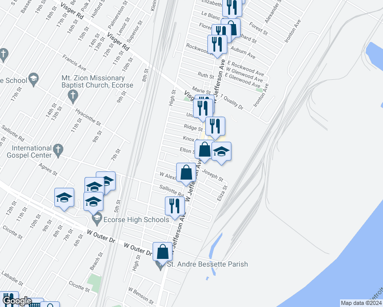 map of restaurants, bars, coffee shops, grocery stores, and more near 11 Elton Street in Ecorse