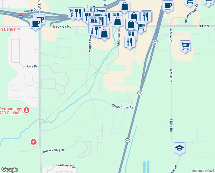map of restaurants, bars, coffee shops, grocery stores, and more near 5500 Dahlia Drive in Battle Creek