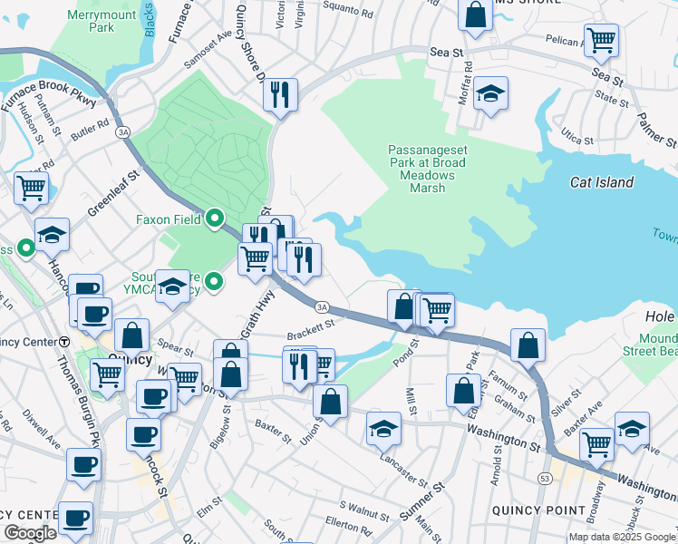 map of restaurants, bars, coffee shops, grocery stores, and more near 76 Field Street in Quincy
