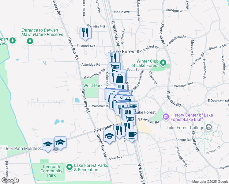 map of restaurants, bars, coffee shops, grocery stores, and more near 854 North Western Avenue in Lake Forest