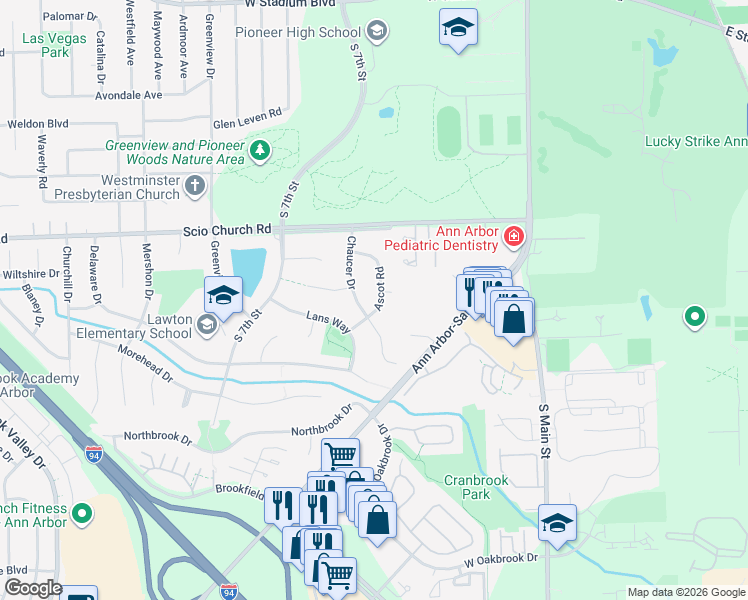 map of restaurants, bars, coffee shops, grocery stores, and more near 2112 Ascot Road in Ann Arbor