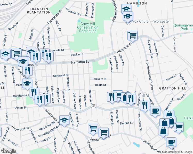 map of restaurants, bars, coffee shops, grocery stores, and more near 194 Cohasset Street in Worcester