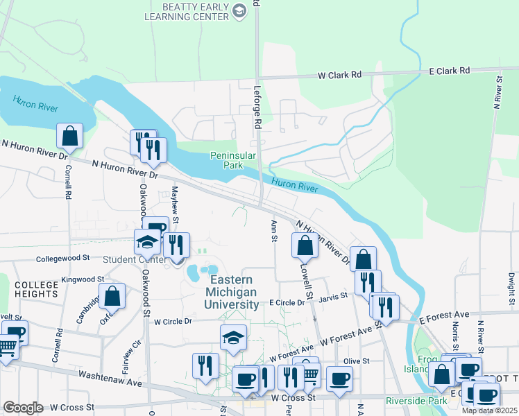 map of restaurants, bars, coffee shops, grocery stores, and more near N Huron River Dr & Leforge Rd in Ypsilanti