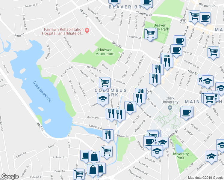 map of restaurants, bars, coffee shops, grocery stores, and more near 138 Lovell Street in Worcester