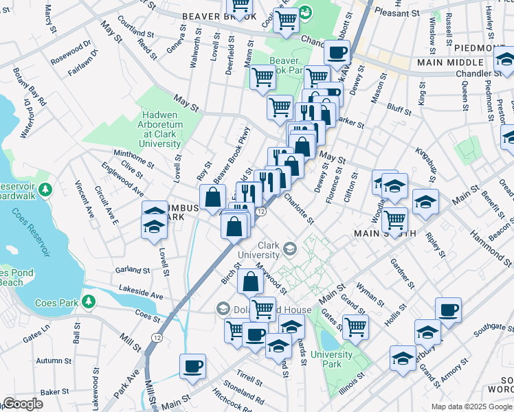 map of restaurants, bars, coffee shops, grocery stores, and more near 458 Park Avenue in Worcester