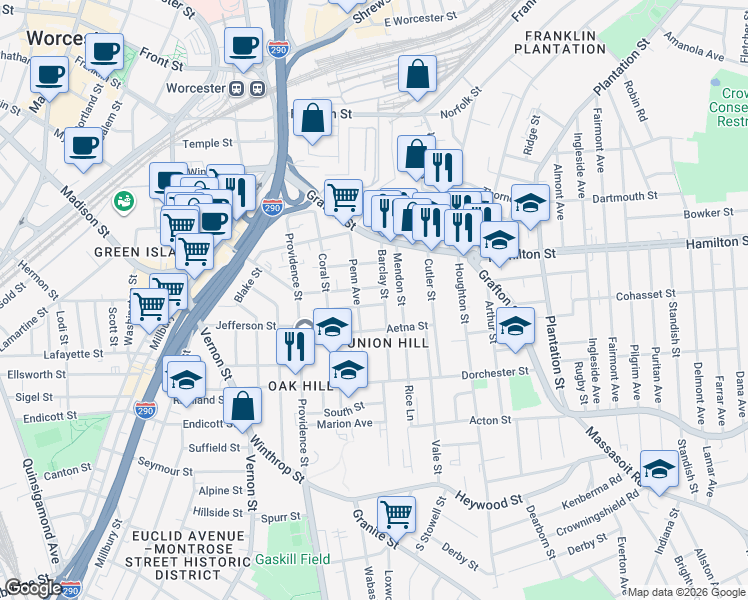 map of restaurants, bars, coffee shops, grocery stores, and more near 59 Penn Avenue in Worcester
