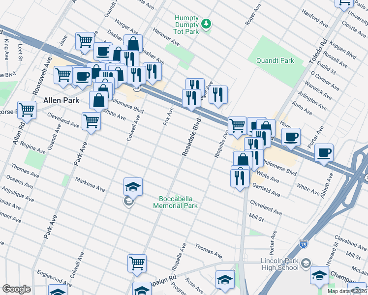 map of restaurants, bars, coffee shops, grocery stores, and more near 4832 White Avenue in Allen Park