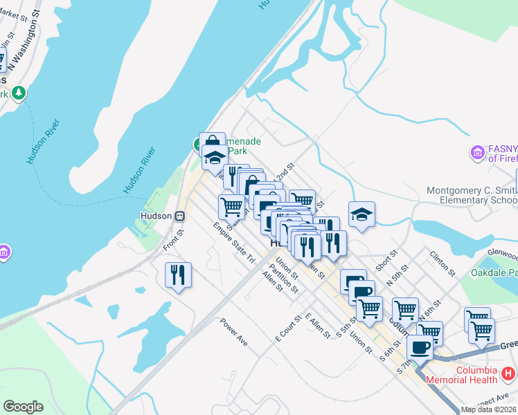 map of restaurants, bars, coffee shops, grocery stores, and more near 22 North 2nd Street in Hudson