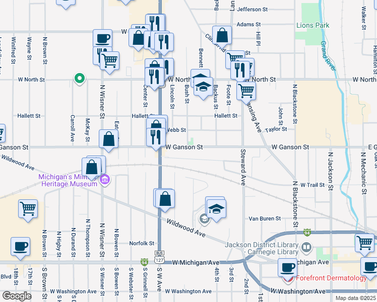 map of restaurants, bars, coffee shops, grocery stores, and more near 637 West Ganson Street in Jackson