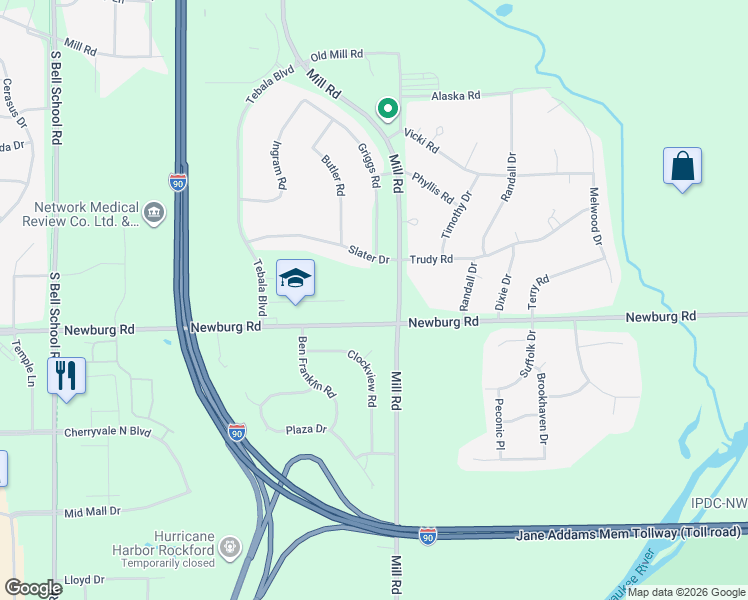 map of restaurants, bars, coffee shops, grocery stores, and more near 8215 Slater Drive in Rockford
