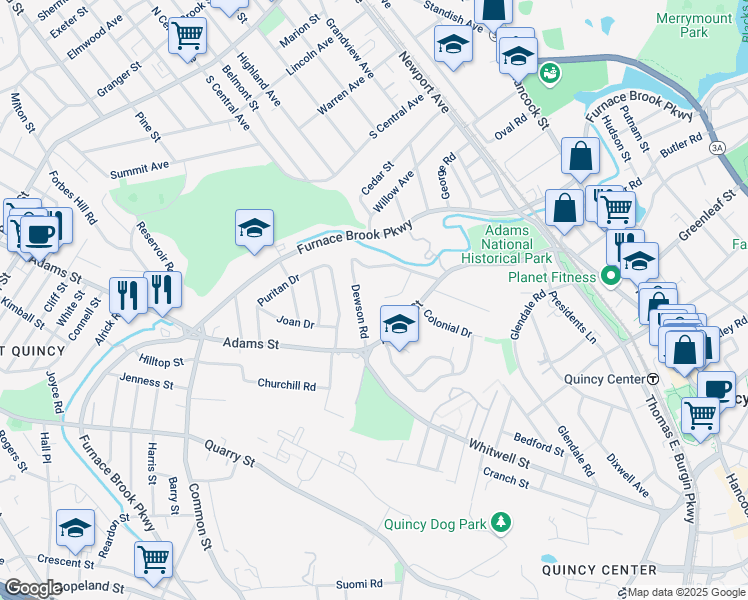 map of restaurants, bars, coffee shops, grocery stores, and more near 41 Adams Circle in Quincy