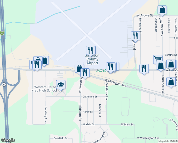 map of restaurants, bars, coffee shops, grocery stores, and more near 3609 Wildwood Avenue in Jackson