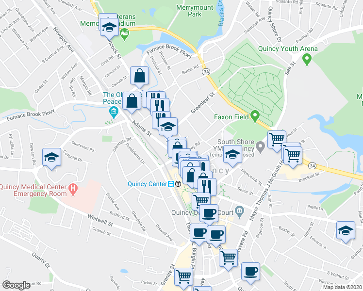 map of restaurants, bars, coffee shops, grocery stores, and more near 1098 Hancock Street in Quincy