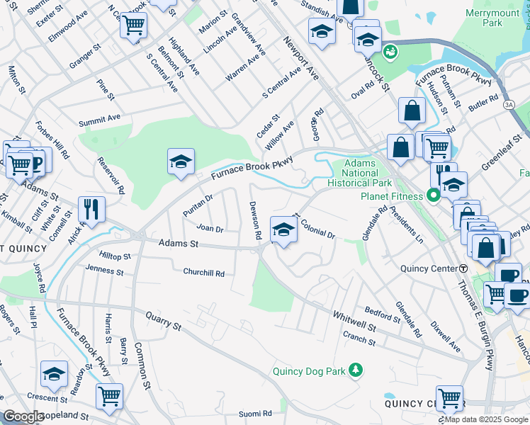 map of restaurants, bars, coffee shops, grocery stores, and more near 41 Adams Circle in Quincy