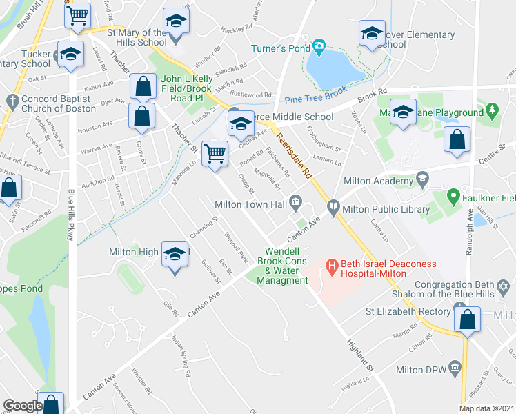 map of restaurants, bars, coffee shops, grocery stores, and more near 137 Clapp Street in Milton
