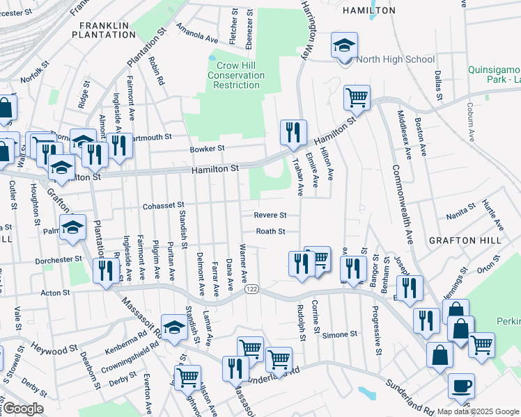 map of restaurants, bars, coffee shops, grocery stores, and more near 195 Cohasset Street in Worcester