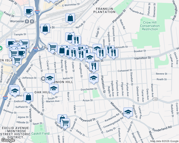 map of restaurants, bars, coffee shops, grocery stores, and more near 355 Grafton Street in Worcester