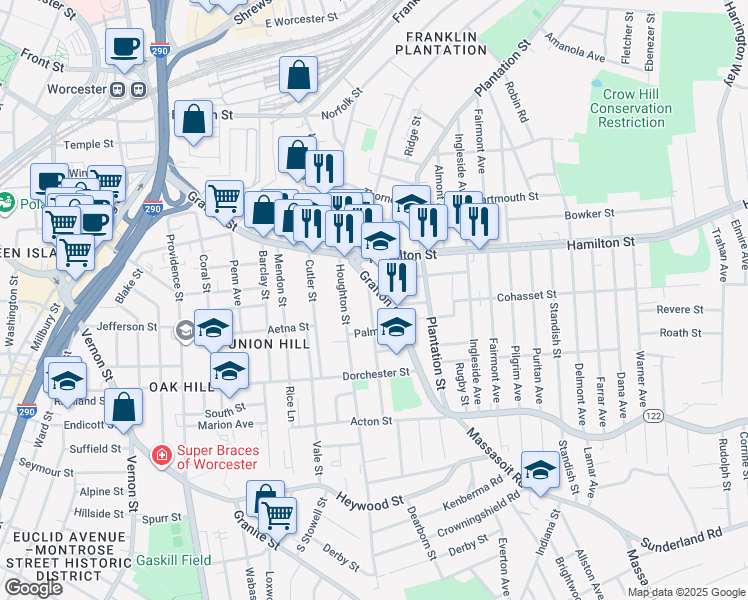 map of restaurants, bars, coffee shops, grocery stores, and more near 359 Grafton Street in Worcester