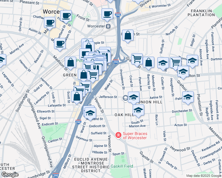 map of restaurants, bars, coffee shops, grocery stores, and more near 29 Columbia Street in Worcester