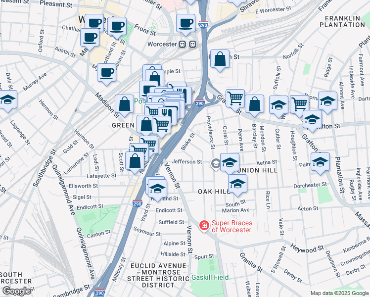 map of restaurants, bars, coffee shops, grocery stores, and more near 29 Columbia Street in Worcester