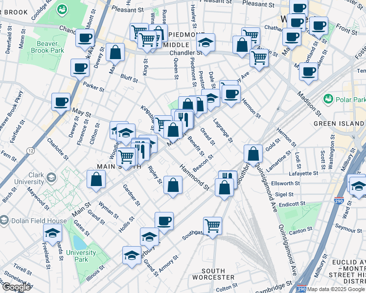 map of restaurants, bars, coffee shops, grocery stores, and more near 3 Benefit Street in Worcester