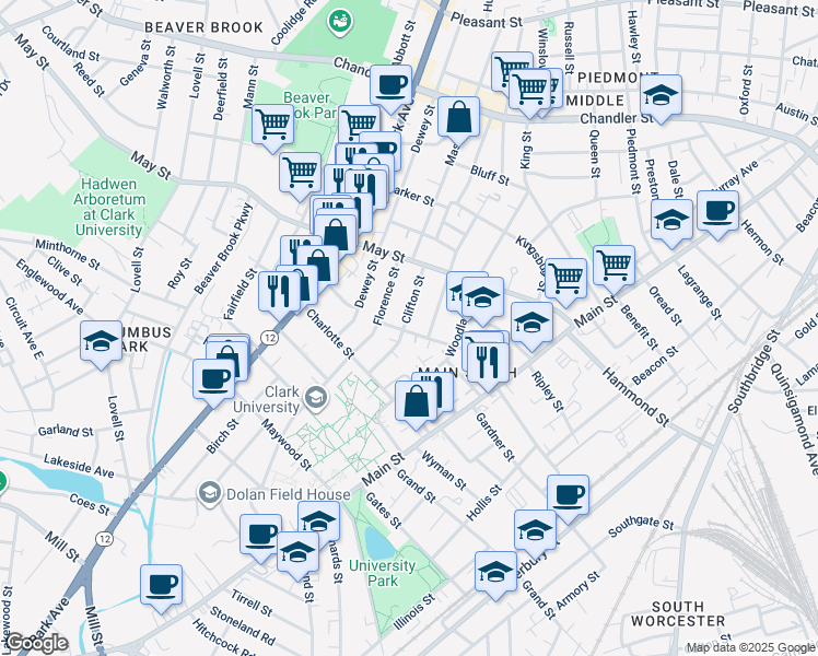 map of restaurants, bars, coffee shops, grocery stores, and more near 21 Florence Street in Worcester