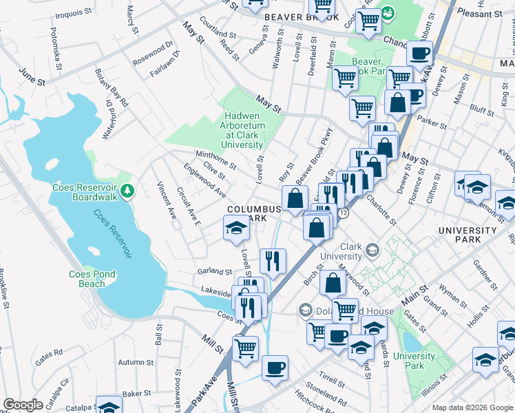 map of restaurants, bars, coffee shops, grocery stores, and more near 138 Lovell Street in Worcester