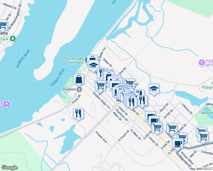 map of restaurants, bars, coffee shops, grocery stores, and more near 121 Warren Street in Hudson