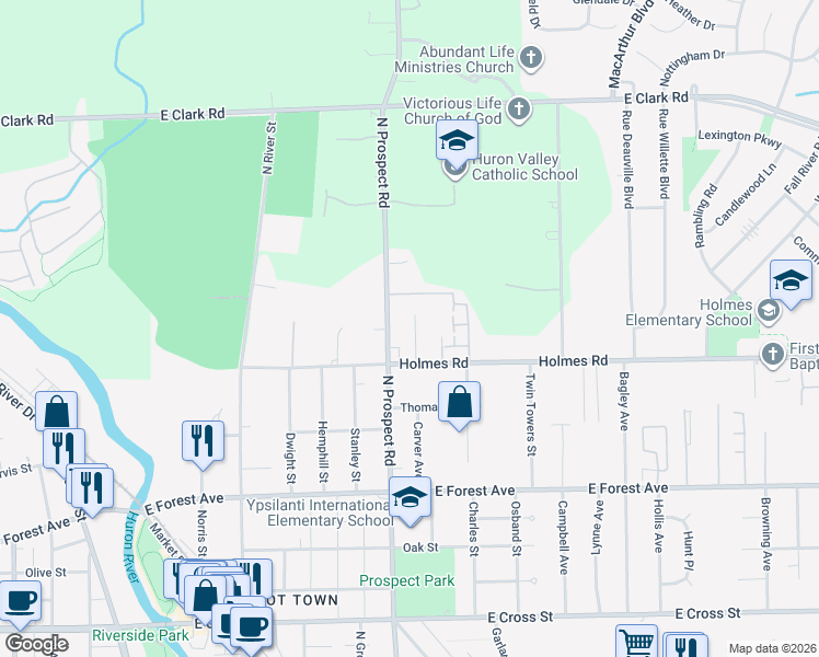 map of restaurants, bars, coffee shops, grocery stores, and more near 524 Terrace Lane North in Ypsilanti