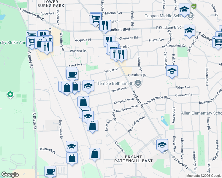 map of restaurants, bars, coffee shops, grocery stores, and more near 2209 Page Avenue in Ann Arbor