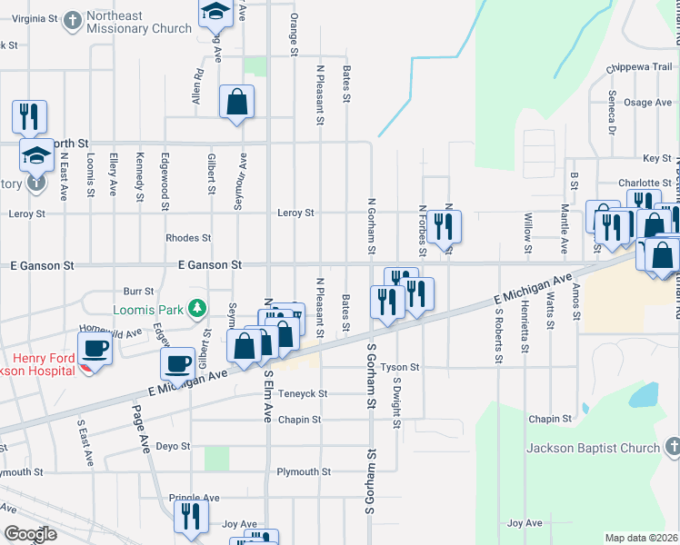 map of restaurants, bars, coffee shops, grocery stores, and more near 1814 East Ganson Street in Jackson