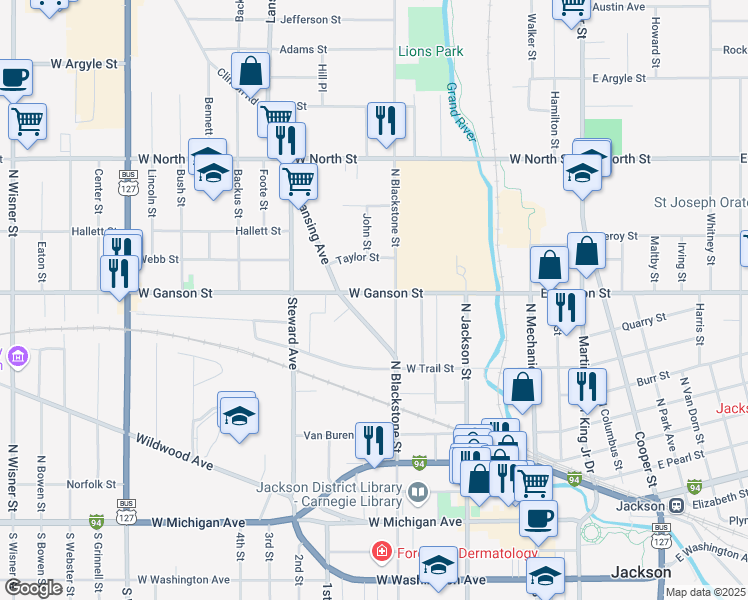 map of restaurants, bars, coffee shops, grocery stores, and more near 308 West Ganson Street in Jackson