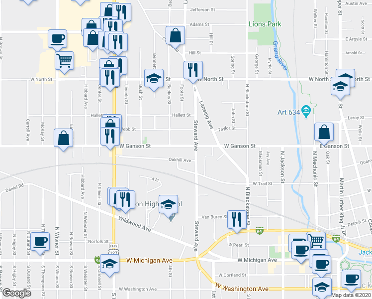 map of restaurants, bars, coffee shops, grocery stores, and more near 508 West Ganson Street in Jackson