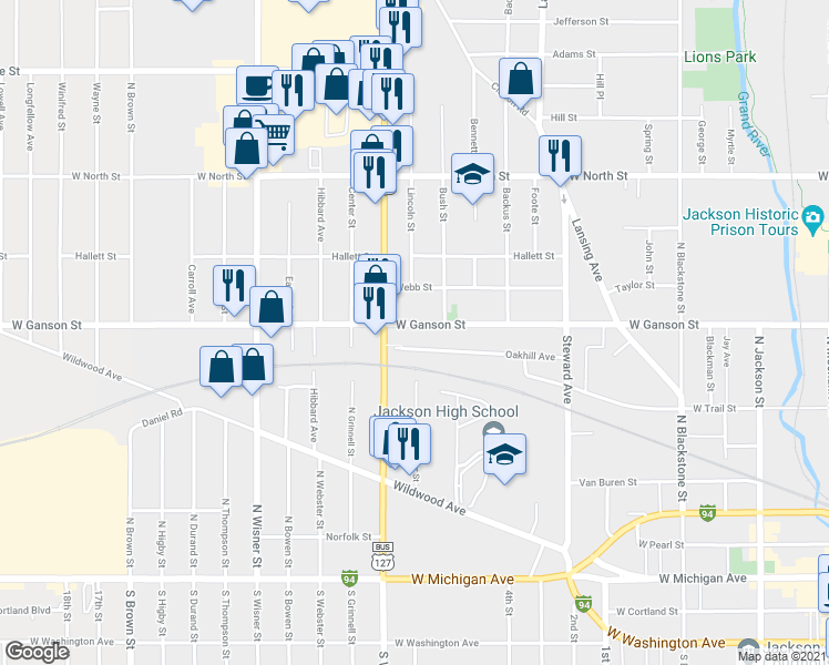 map of restaurants, bars, coffee shops, grocery stores, and more near 704 West Ganson Street in Jackson