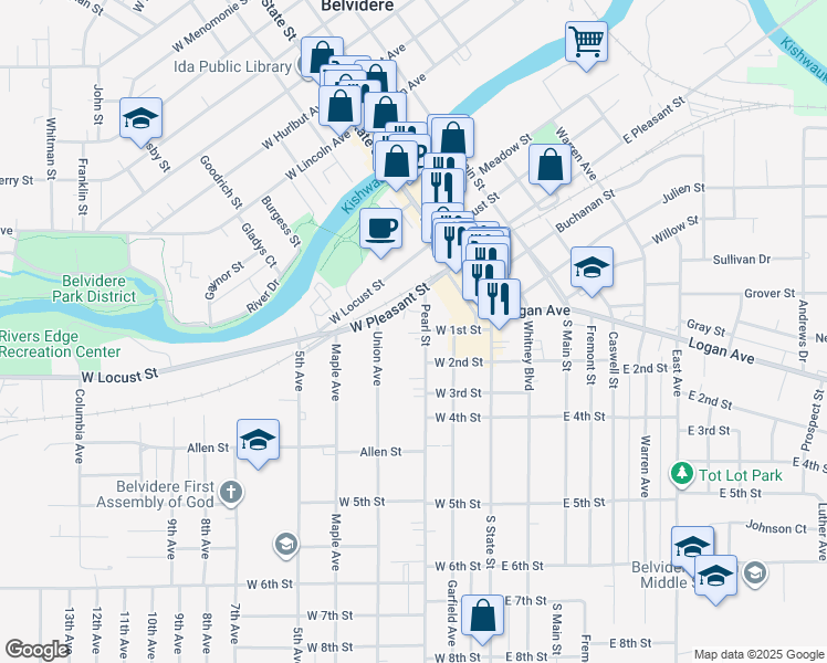 map of restaurants, bars, coffee shops, grocery stores, and more near 527 Pearl Street in Belvidere