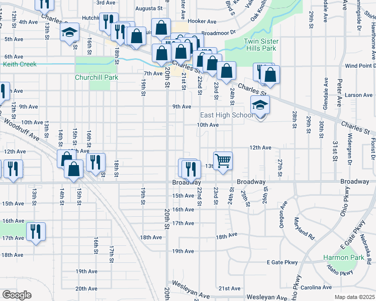 map of restaurants, bars, coffee shops, grocery stores, and more near 1211 21st Street in Rockford