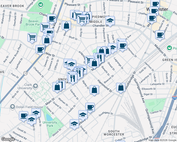 map of restaurants, bars, coffee shops, grocery stores, and more near 848 Main Street in Worcester