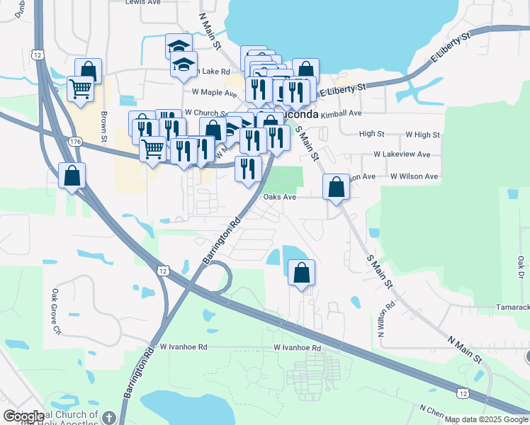 map of restaurants, bars, coffee shops, grocery stores, and more near 2 Oaks Avenue in Wauconda