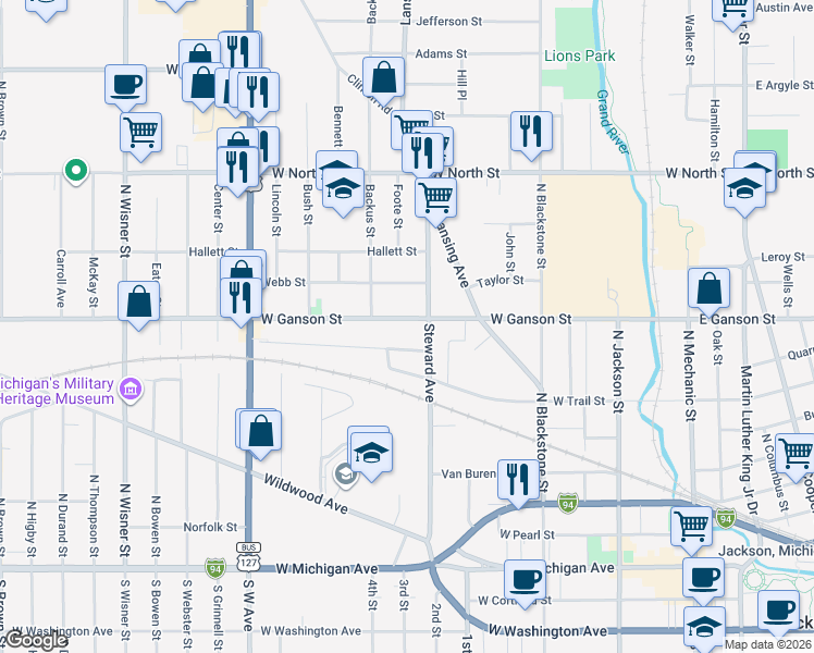 map of restaurants, bars, coffee shops, grocery stores, and more near 511 West Ganson Street in Jackson