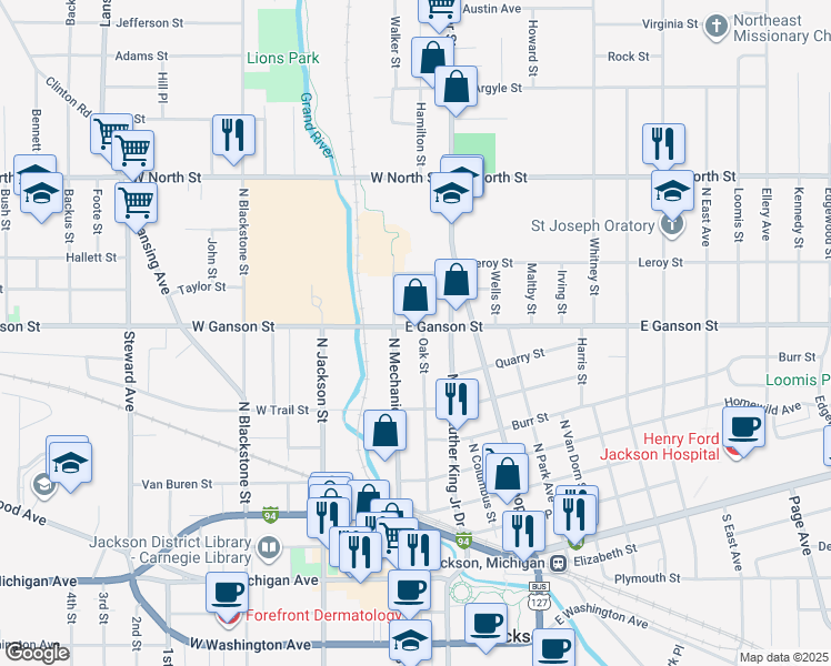 map of restaurants, bars, coffee shops, grocery stores, and more near 109 East Ganson Street in Jackson