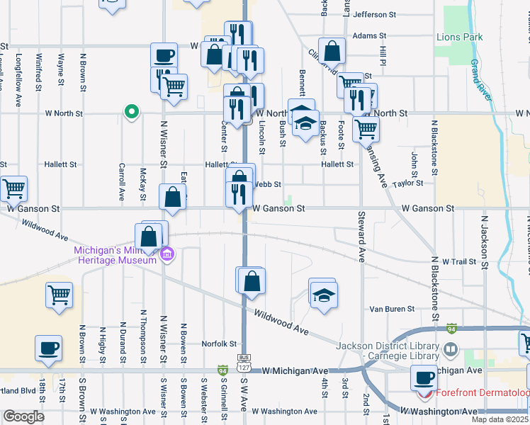 map of restaurants, bars, coffee shops, grocery stores, and more near 719 West Ganson Street in Jackson