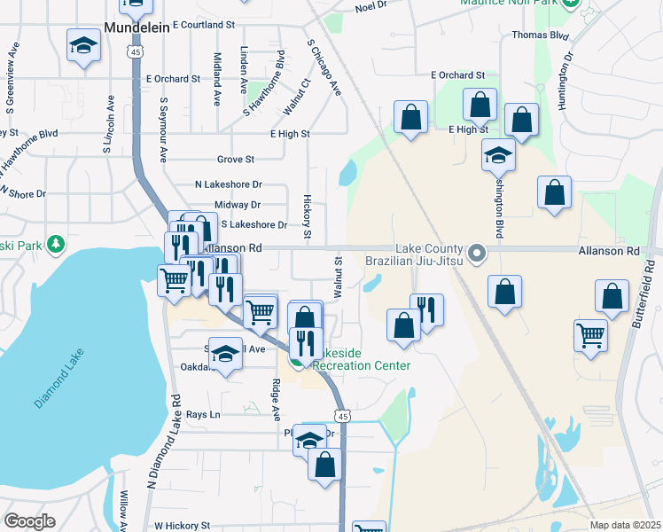 map of restaurants, bars, coffee shops, grocery stores, and more near 624 Walnut Street in Mundelein